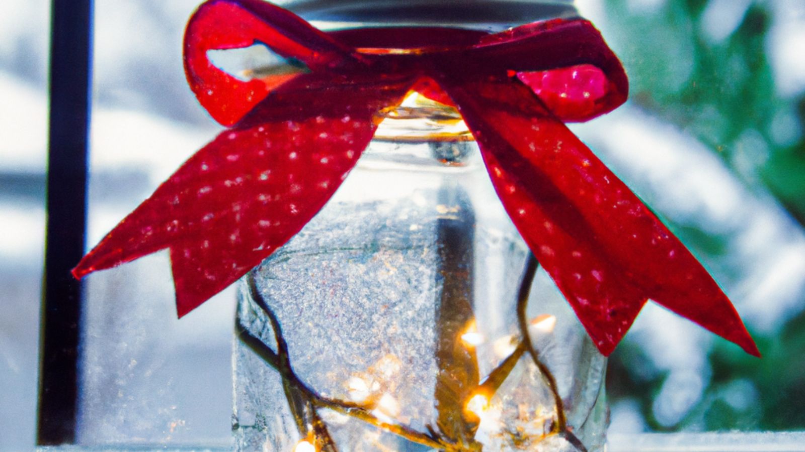 Christmas mason jar luminary with red ribbon tied on top